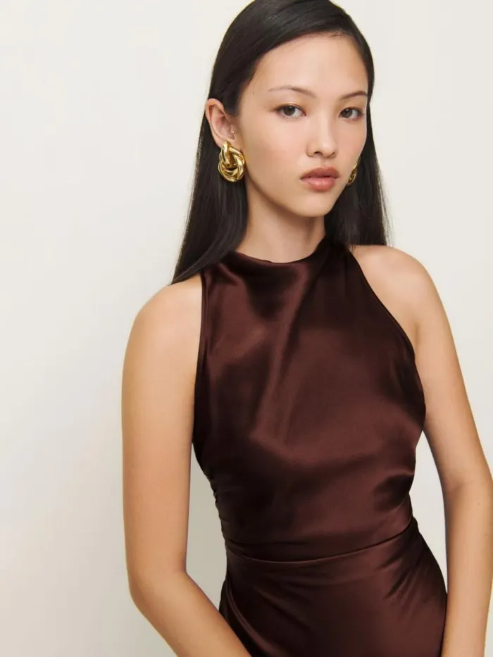 ClothingWeddings The Reformation Casette Silk Dress Mahogany