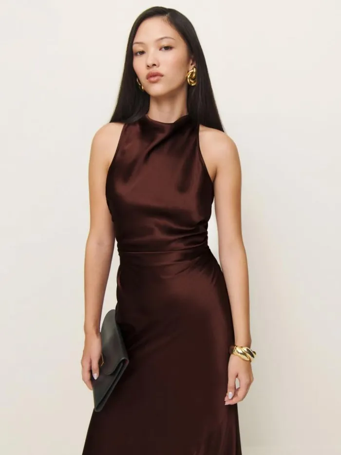 ClothingWeddings The Reformation Casette Silk Dress Mahogany