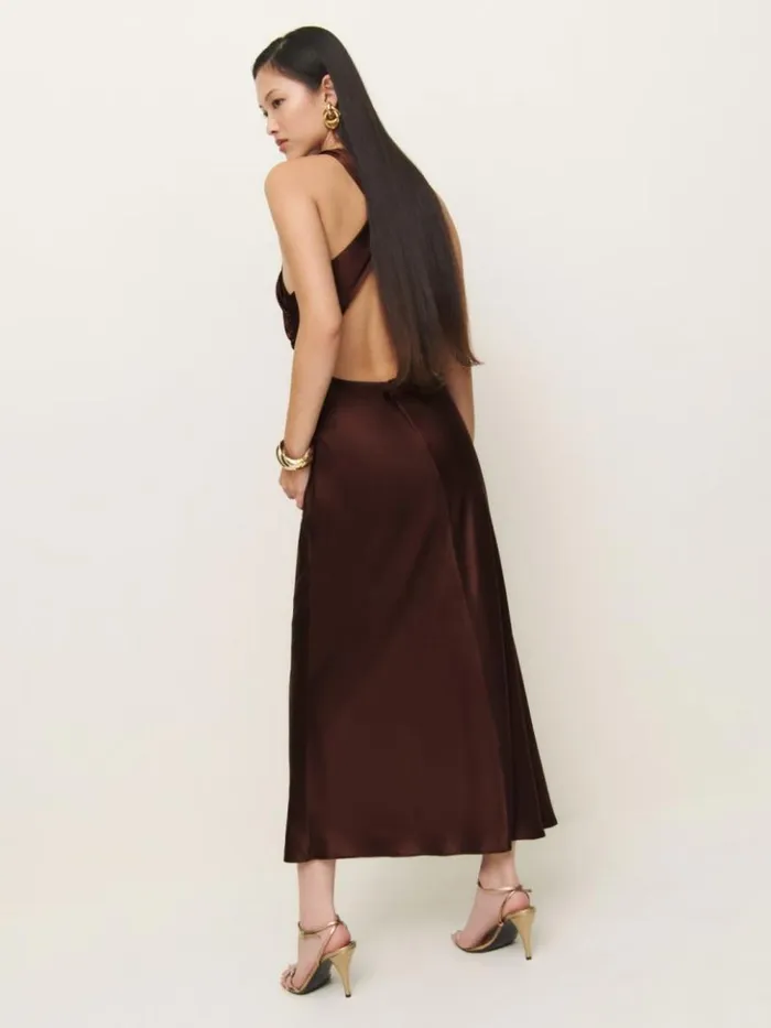 ClothingWeddings The Reformation Casette Silk Dress Mahogany
