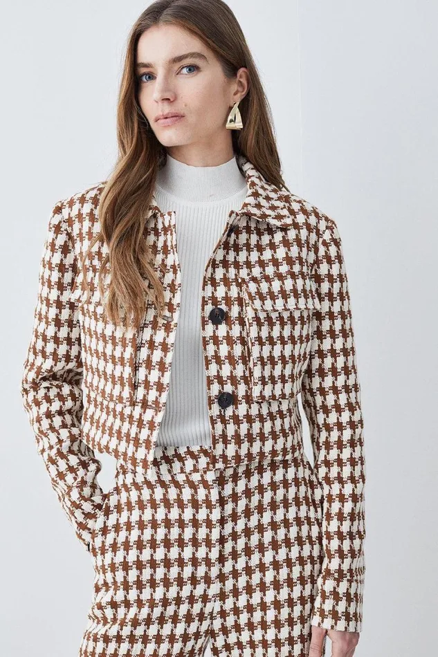 CoOrds Women Karen Millen Check Tweed Cropped Jacket and Trouser Set Green