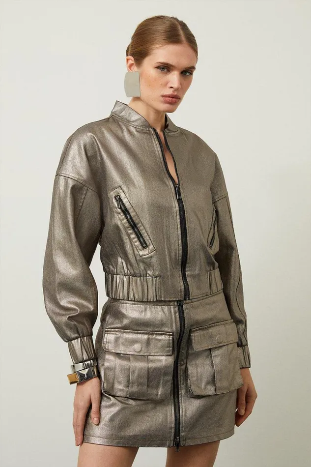 CoOrds Women Karen Millen Metallic Denim Woven Set Pewter