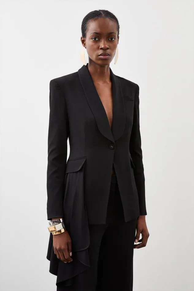 CoOrds Women Karen Millen Polished Viscose Drape Side Single Breasted Tailored Jacket and Trouser Set Black CoOrds Women Karen Millen Polished Viscose Drape Side Single Breasted Tailored Jacket and Trouser Set Black