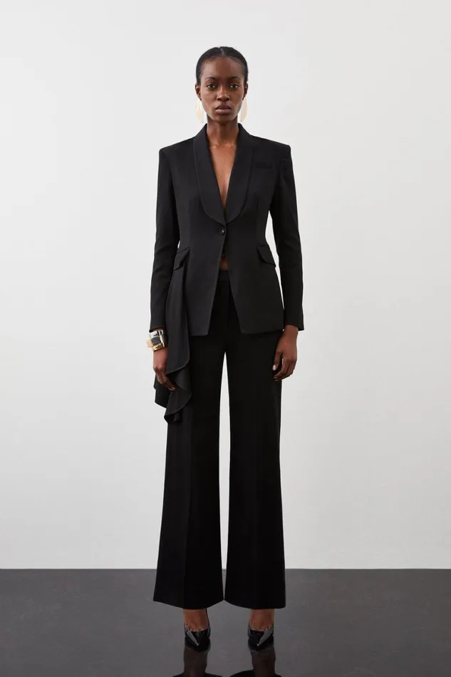 CoOrds Women Karen Millen Polished Viscose Drape Side Single Breasted Tailored Jacket and Trouser Set Black