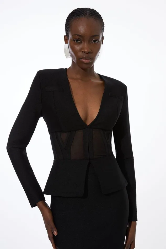 Coats and Jackets Women Karen Millen Bandage Form Fitting Mesh Insert Jacket Black