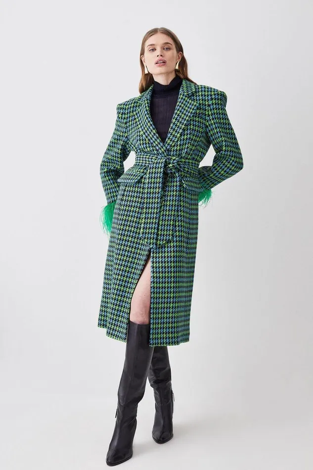Coats and Jackets Women Karen Millen Colourpop Tweed Feather Cuff Tailored Coat Green Coats and Jackets Women Karen Millen Colourpop Tweed Feather Cuff Tailored Coat Green