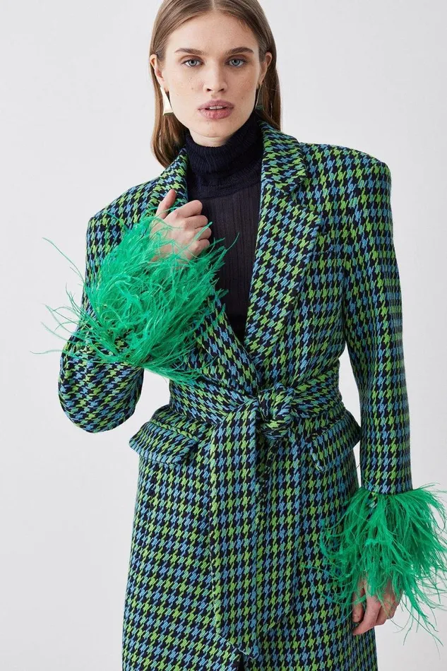Coats and Jackets Women Karen Millen Colourpop Tweed Feather Cuff Tailored Coat Green