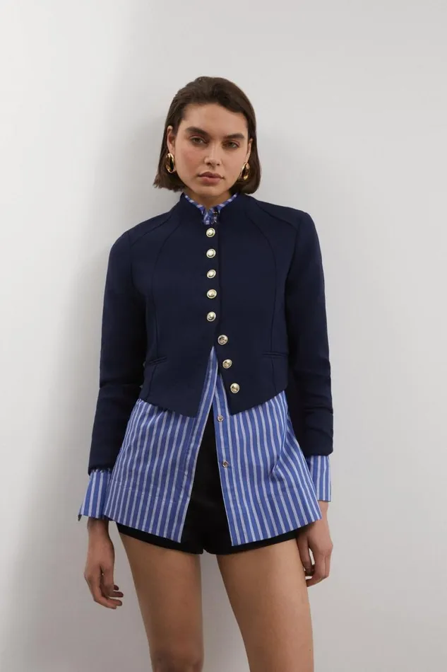 Coats and Jackets Women Karen Millen Compact Stretch Panel Detail Button Through Tailored Jacket Navy Coats and Jackets Women Karen Millen Compact Stretch Panel Detail Button Through Tailored Jacket Navy