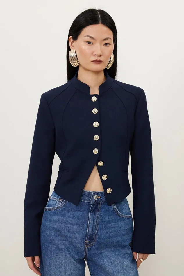 Coats and Jackets Women Karen Millen Compact Stretch Panel Detail Button Through Tailored Jacket Navy