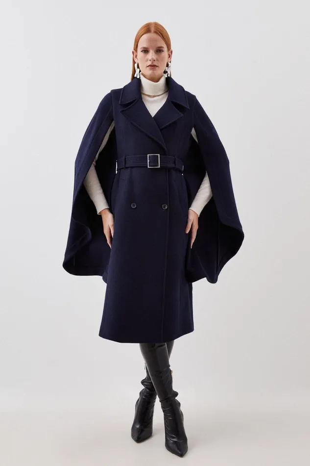 Coats and Jackets Women Karen Millen Italian Manteco Wool Blend Cape Sleeve Belted Coat Navy Coats and Jackets Women Karen Millen Italian Manteco Wool Blend Cape Sleeve Belted Coat Navy