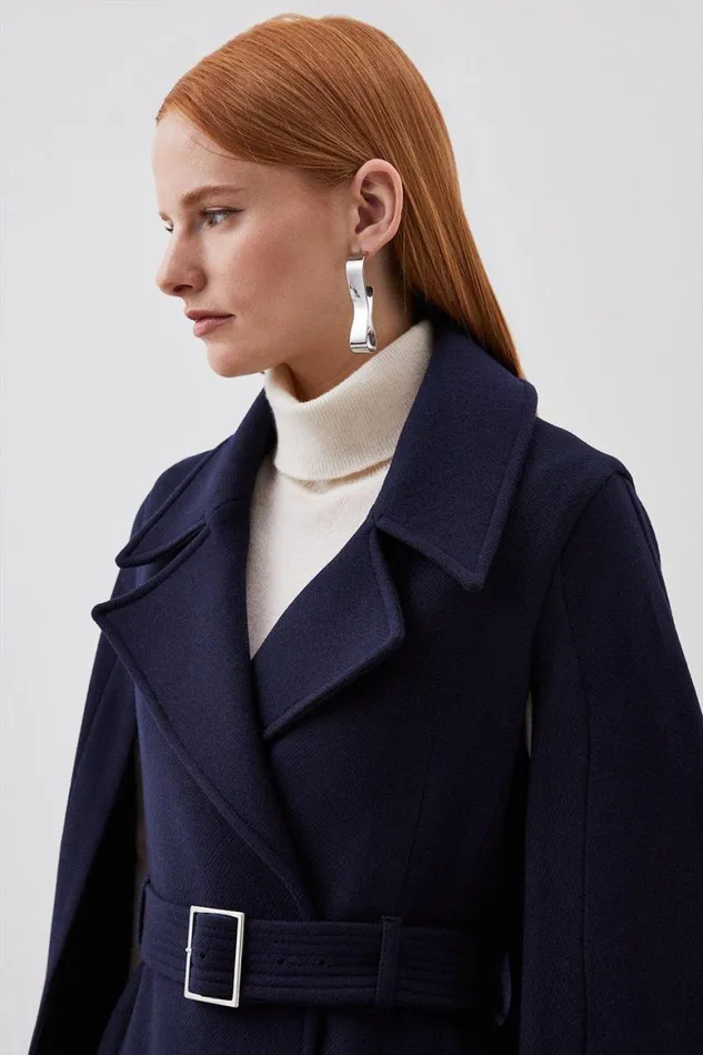 Coats and Jackets Women Karen Millen Italian Manteco Wool Blend Cape Sleeve Belted Coat Navy