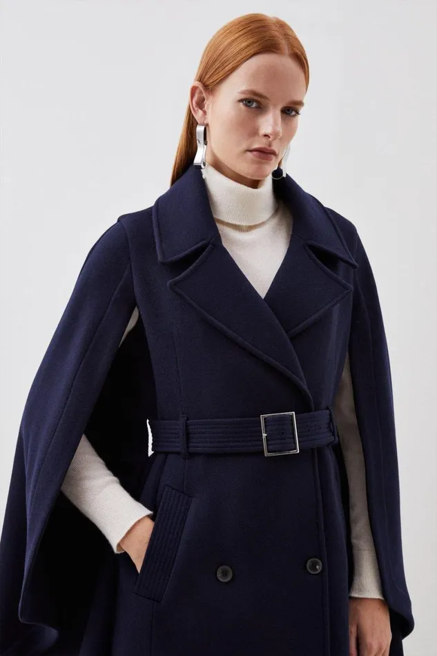 Coats and Jackets Women Karen Millen Italian Manteco Wool Blend Cape Sleeve Belted Coat Navy