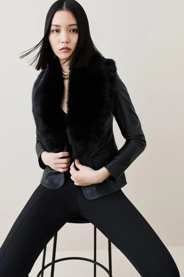 Coats and Jackets Women Karen Millen Leather And Shearling Collar Blazer Black