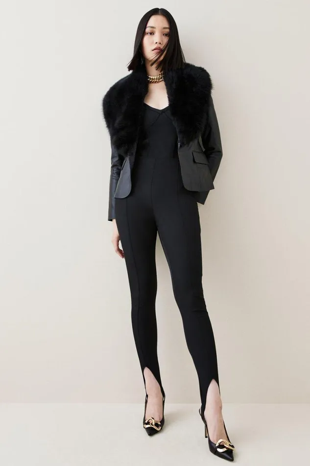 Coats and Jackets Women Karen Millen Leather And Shearling Collar Blazer Black