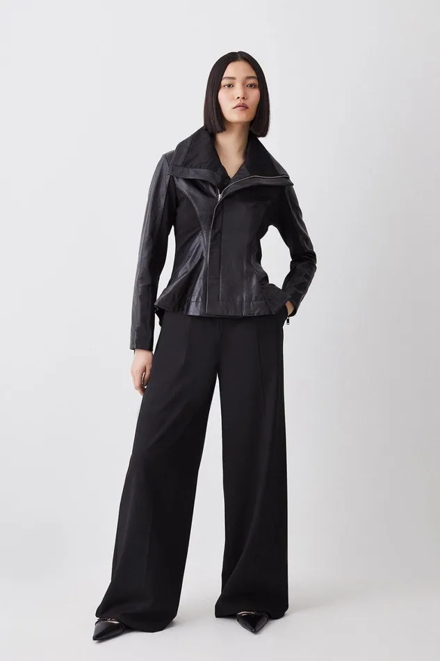 Coats and Jackets Women Karen Millen Leather Drape And Ponte Waterfall Hem Jacket Black Coats and Jackets Women Karen Millen Leather Drape And Ponte Waterfall Hem Jacket Black