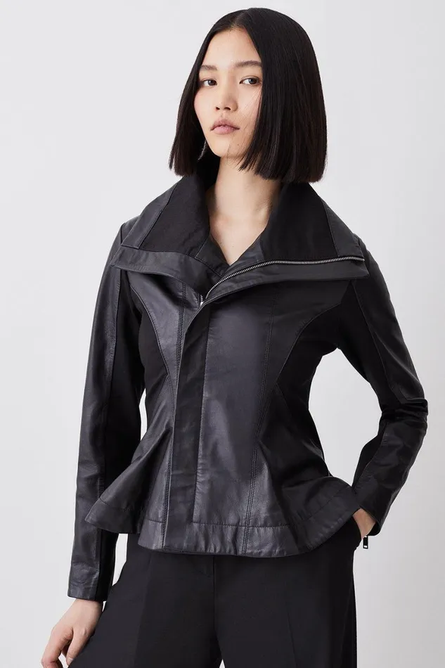 Coats and Jackets Women Karen Millen Leather Drape And Ponte Waterfall Hem Jacket Black