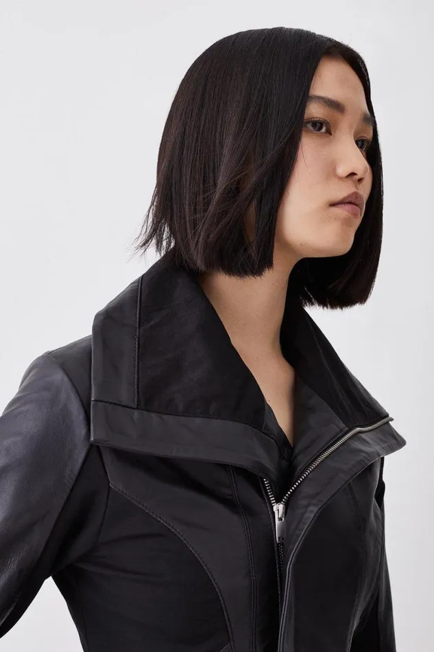 Coats and Jackets Women Karen Millen Leather Drape And Ponte Waterfall Hem Jacket Black