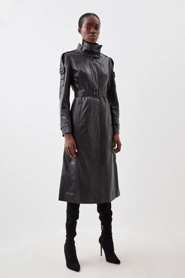 Coats and Jackets Women Karen Millen Leather High Neck Belted Midi Coat Black