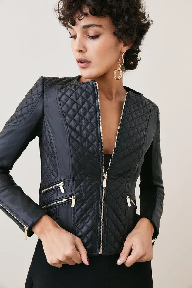 Coats and Jackets Women Karen Millen Leather Quilted Biker Jacket Black
