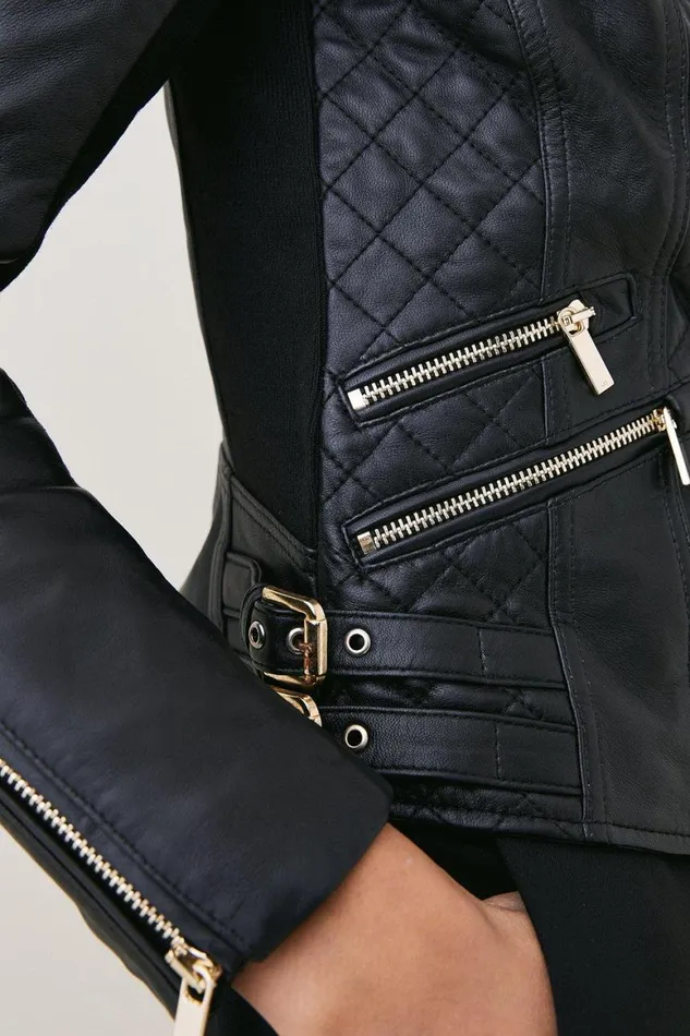 Coats and Jackets Women Karen Millen Leather Quilted Biker Jacket Black