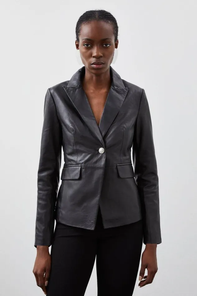 Coats and Jackets Women Karen Millen Leather Single Breasted Blazer Black