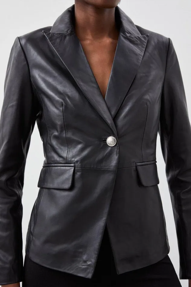 Coats and Jackets Women Karen Millen Leather Single Breasted Blazer Black