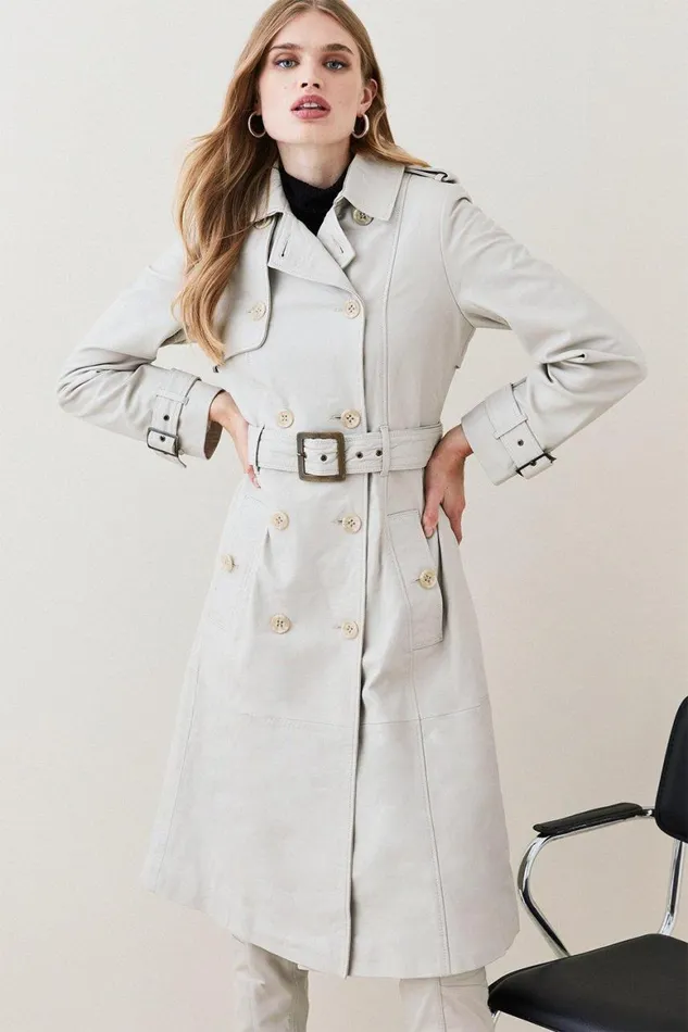 Coats and Jackets Women Karen Millen Leather Trench Belted Mac Coat Cream