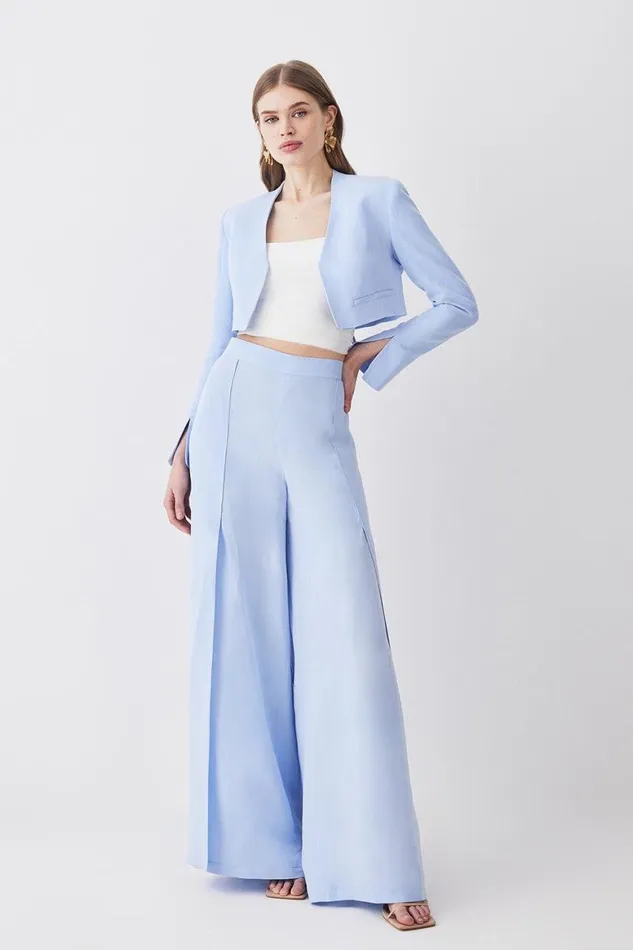 Coats and Jackets Women Karen Millen Linen Edge To Edge Cropped Jacket Pale Blue