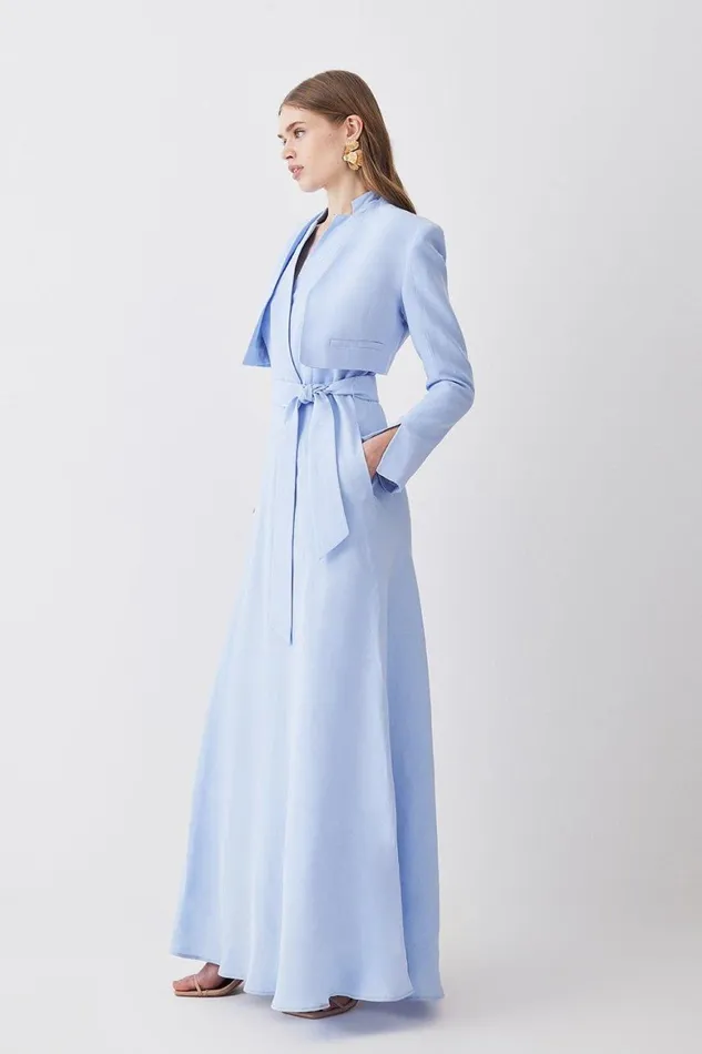 Coats and Jackets Women Karen Millen Linen Edge To Edge Cropped Jacket Pale Blue