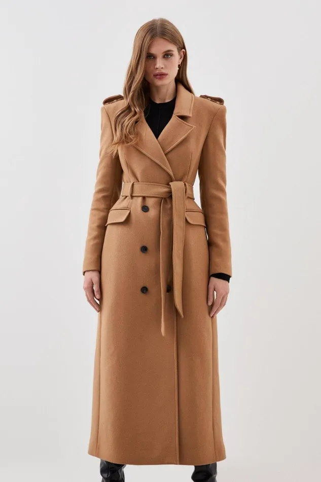 Coats and Jackets Women Karen Millen Lydia Millen Italian Manteco Wool Blend Belted Double Breasted Coat Camel