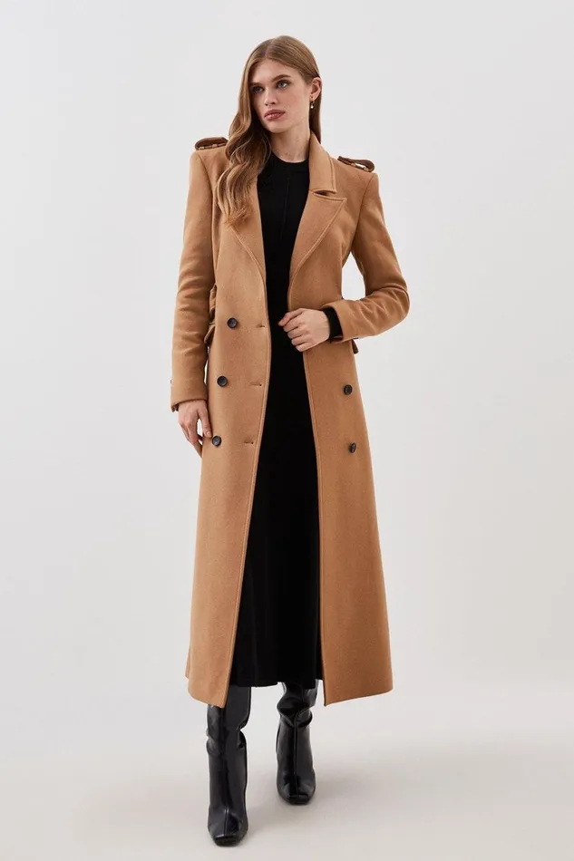 Coats and Jackets Women Karen Millen Lydia Millen Italian Manteco Wool Blend Belted Double Breasted Coat Camel