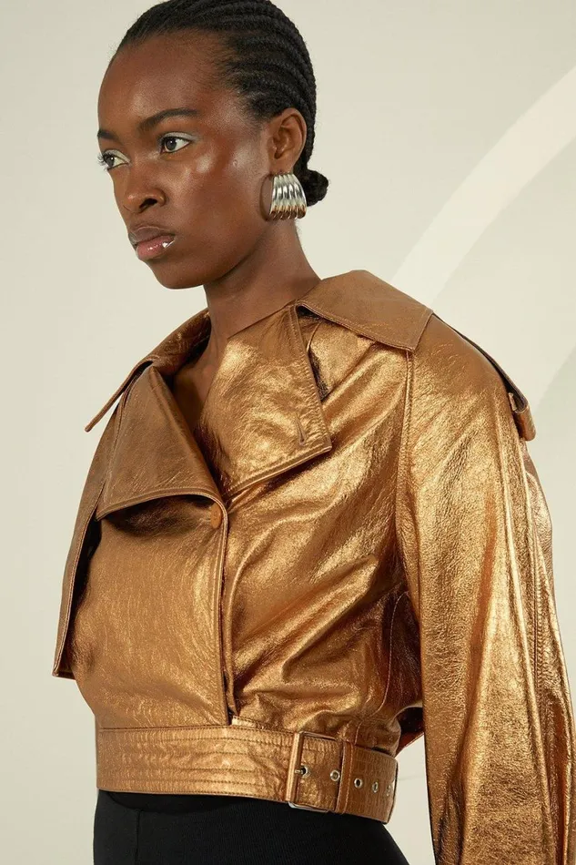 Coats and Jackets Women Karen Millen Metallic Leather Cropped Bomber Jacket Bronze