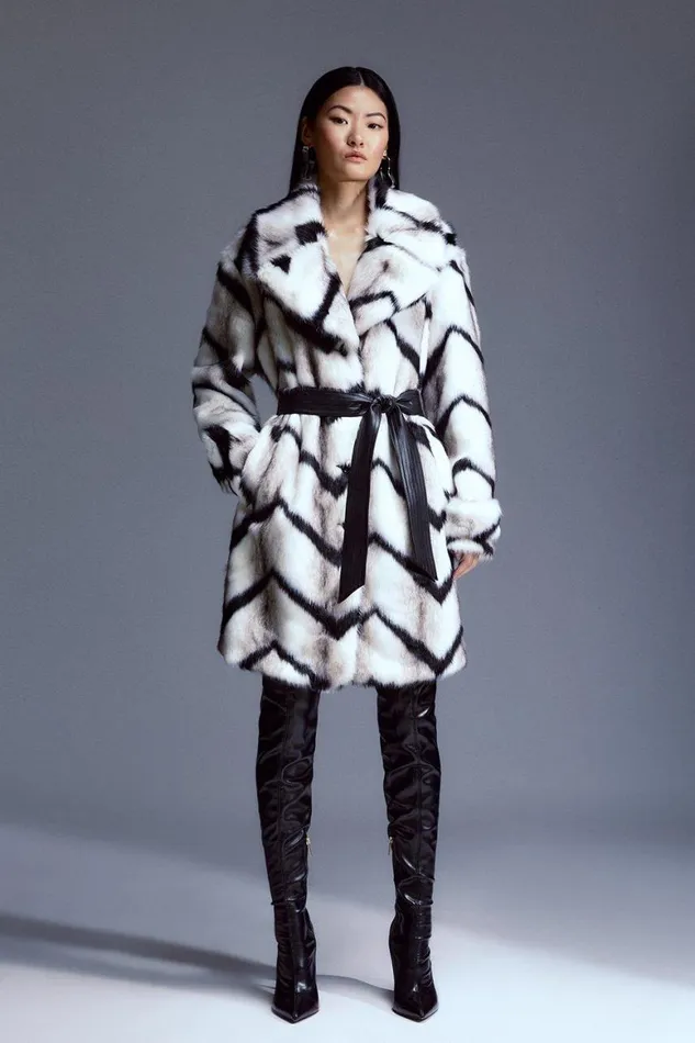 Coats and Jackets Women Karen Millen Mono Faux Fur Belted Longline Coat Mono