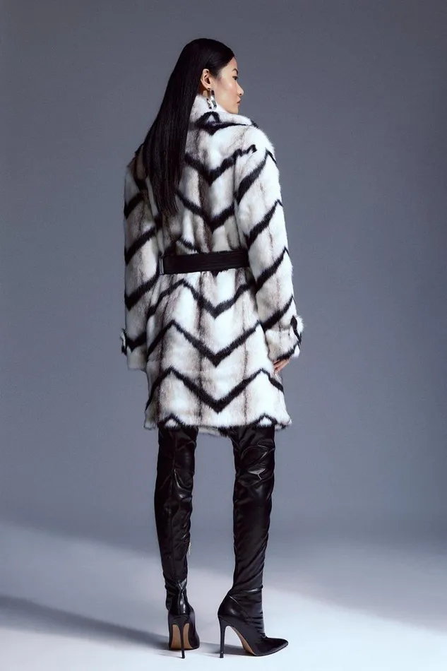 Coats and Jackets Women Karen Millen Mono Faux Fur Belted Longline Coat Mono