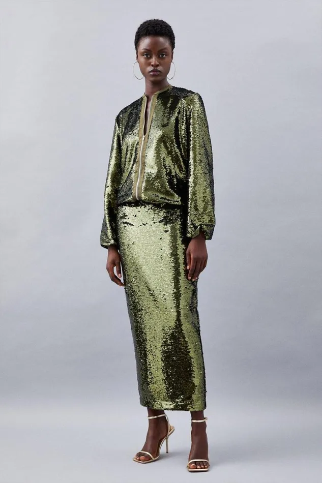 Coats and Jackets Women Karen Millen Sequin Woven Bomber Jacket Khaki