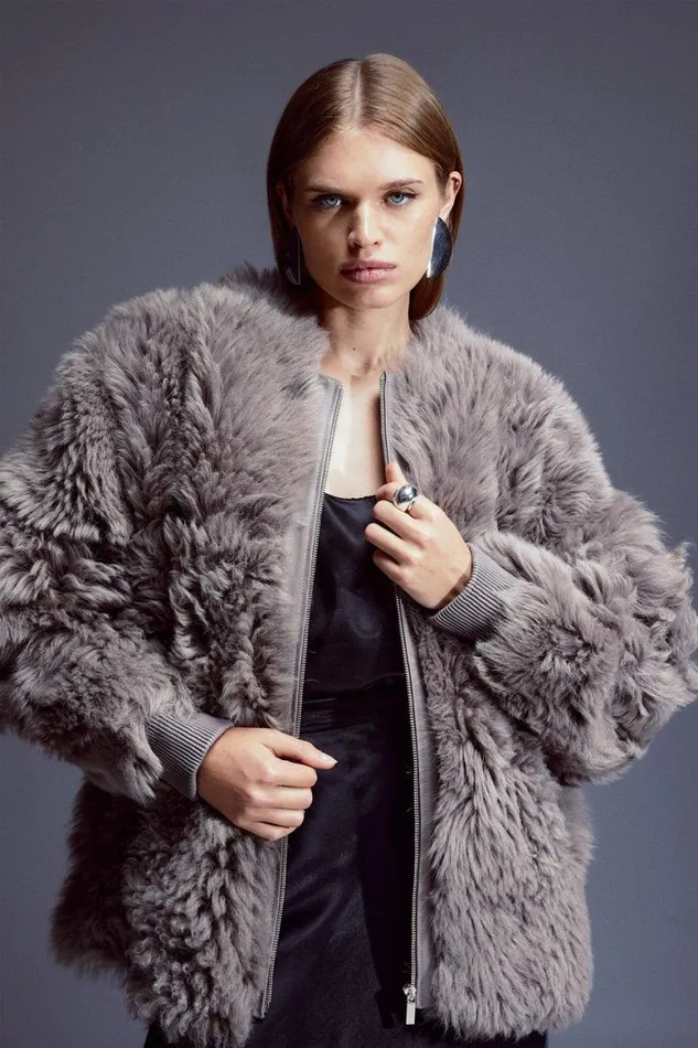 Coats and Jackets Women Karen Millen Shearling Longline Collarless Jacket Pale Grey Coats and Jackets Women Karen Millen Shearling Longline Collarless Jacket Pale Grey