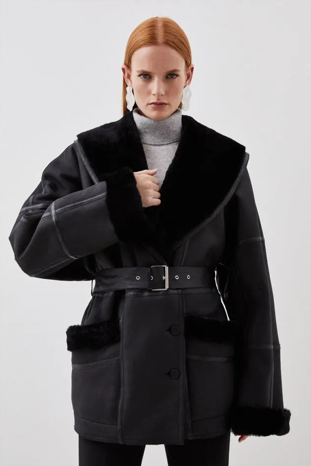 Coats and Jackets Women Karen Millen Shearling Relaxed Belted Coat Black