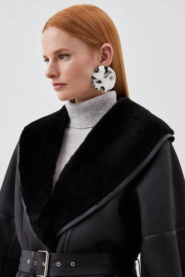 Coats and Jackets Women Karen Millen Shearling Relaxed Belted Coat Black
