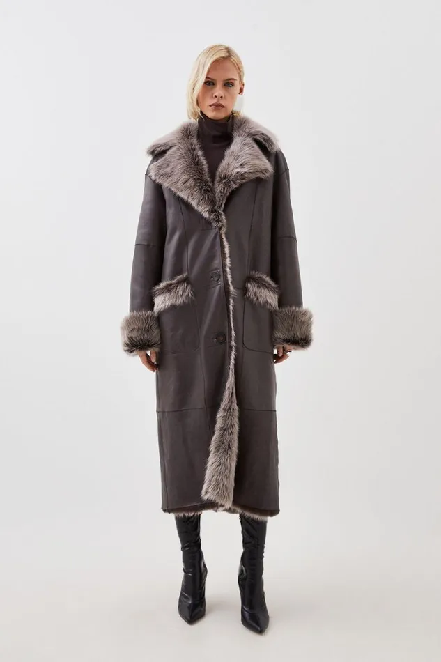 Coats and Jackets Women Karen Millen Sheepskin Shearling And Leather Collared Maxi Coat Grey Coats and Jackets Women Karen Millen Sheepskin Shearling And Leather Collared Maxi Coat Grey