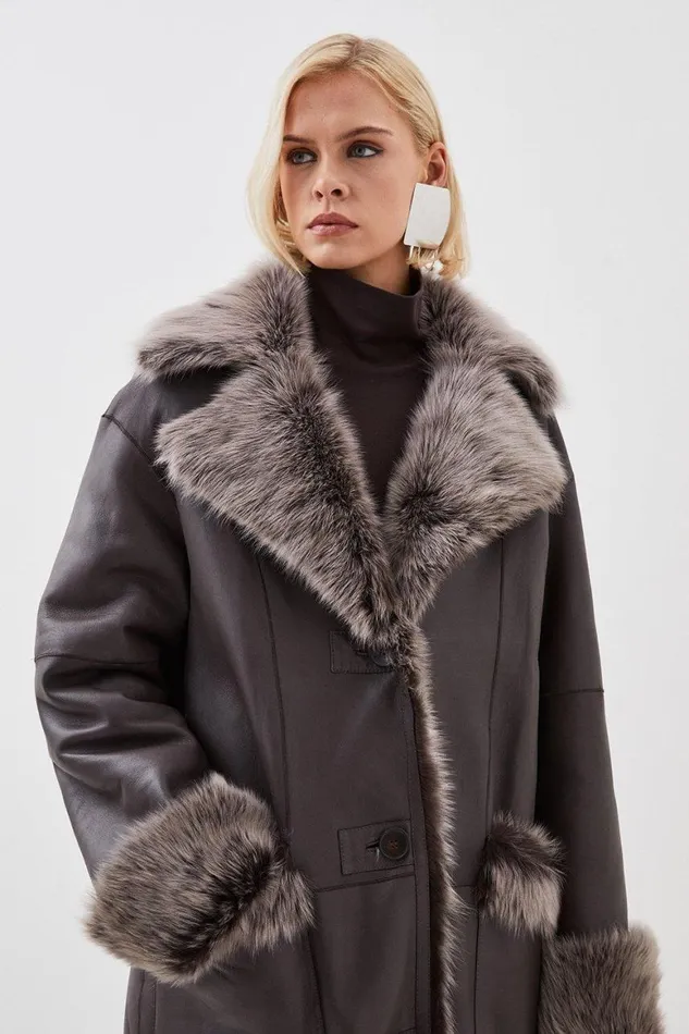 Coats and Jackets Women Karen Millen Sheepskin Shearling And Leather Collared Maxi Coat Grey