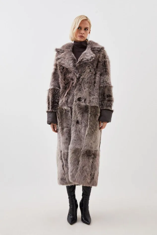 Coats and Jackets Women Karen Millen Sheepskin Shearling And Leather Collared Maxi Coat Grey