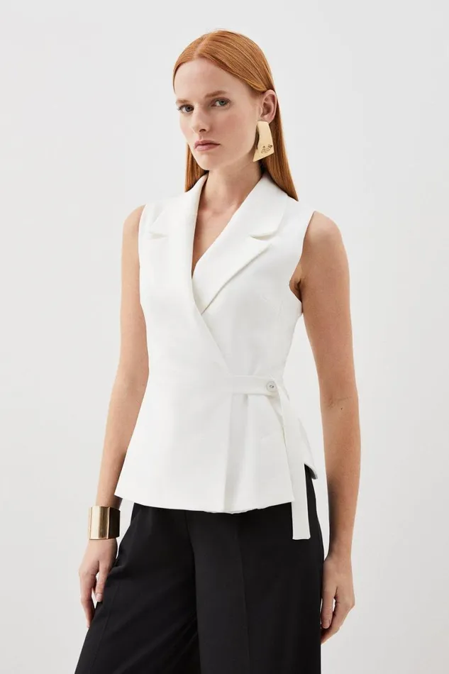 Coats and Jackets Women Karen Millen Tailored Compact Stretch Tie Tab Detail Sleeveless Blazer Ivory Coats and Jackets Women Karen Millen Tailored Compact Stretch Tie Tab Detail Sleeveless Blazer Ivory