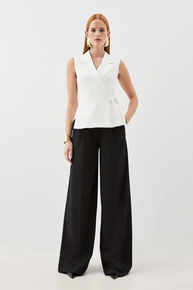 Coats and Jackets Women Karen Millen Tailored Compact Stretch Tie Tab Detail Sleeveless Blazer Ivory