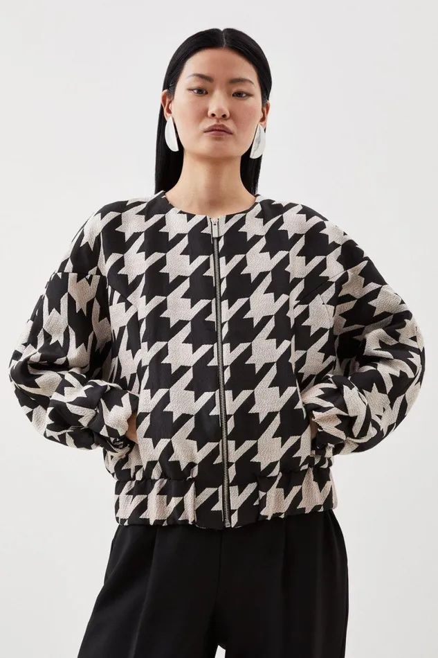 Coats and Jackets Women Karen Millen Tailored Houndstooth Jacquard Relaxed Fit Bomber Jacket Mono Coats and Jackets Women Karen Millen Tailored Houndstooth Jacquard Relaxed Fit Bomber Jacket Mono