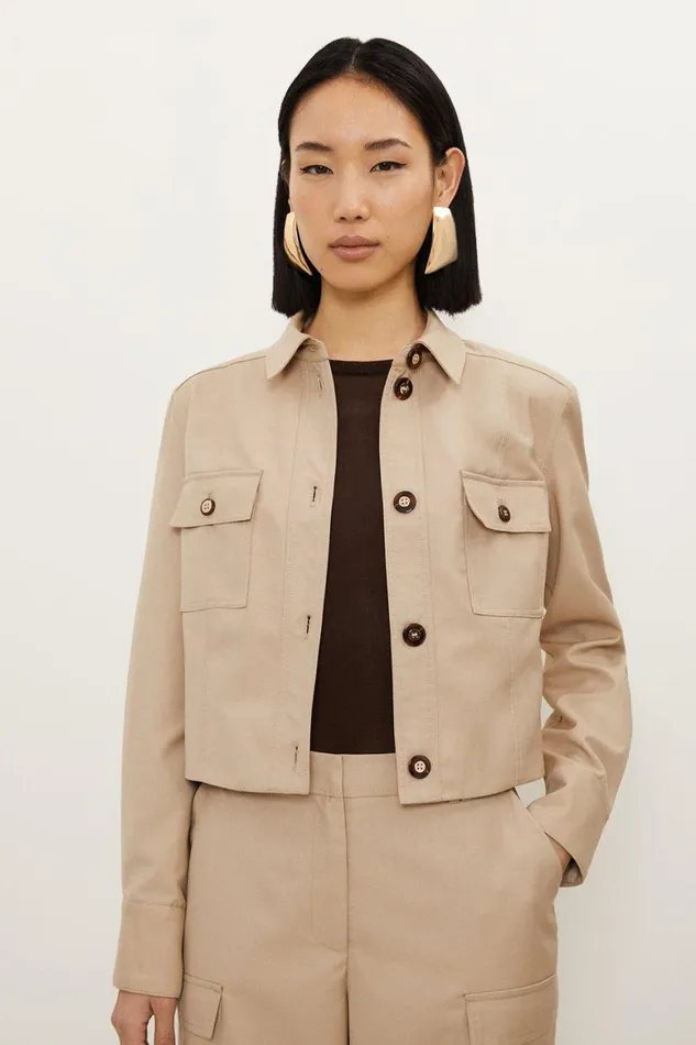 Coats and Jackets Women Karen Millen Twill Canvas Front Pocket Tailored Cropped Jacket Tan Coats and Jackets Women Karen Millen Twill Canvas Front Pocket Tailored Cropped Jacket Tan