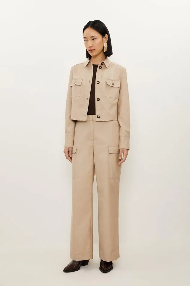 Coats and Jackets Women Karen Millen Twill Canvas Front Pocket Tailored Cropped Jacket Tan