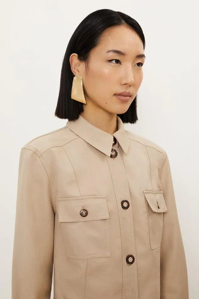 Coats and Jackets Women Karen Millen Twill Canvas Front Pocket Tailored Cropped Jacket Tan