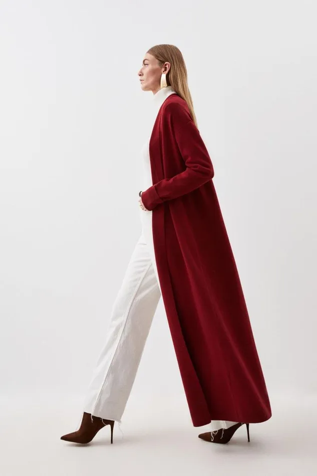Coats and Jackets Women Karen Millen Viscose Blend Knit Maxi Belted Coatigan Oxblood