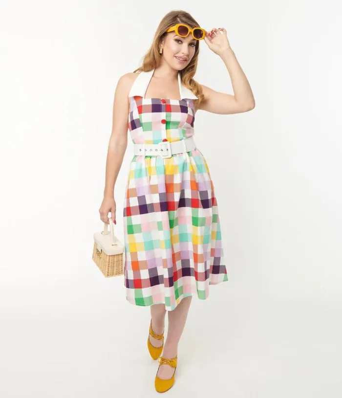 Collectif Rainbow Checkered Halter Waverly Swing Dress Dresses Unique Vintage Pocket Dresses Collectif Rainbow Checkered Halter Waverly Swing Dress Dresses Unique Vintage Pocket Dresses