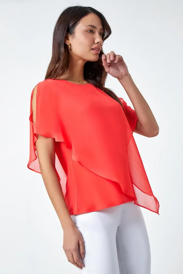 Coral Asymmetric Cold Shoulder Stretch Chiffon Top Women Roman Tops