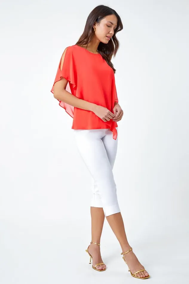 Coral Asymmetric Cold Shoulder Stretch Chiffon Top Women Roman Tops